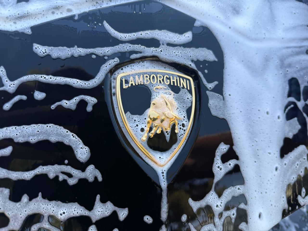 Lamborghini badge covered in soap during a hand wash by Blue Lake Detail Services